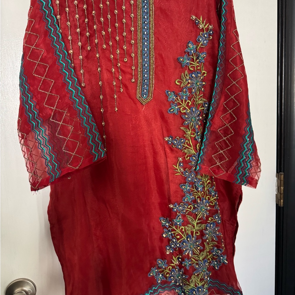 Embroidered Red Kurta with Blue Floral Design